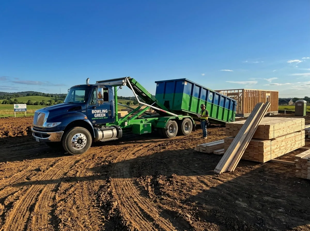 Bowling Green Dumpster Rental Group crew beside a branded roll-off truck