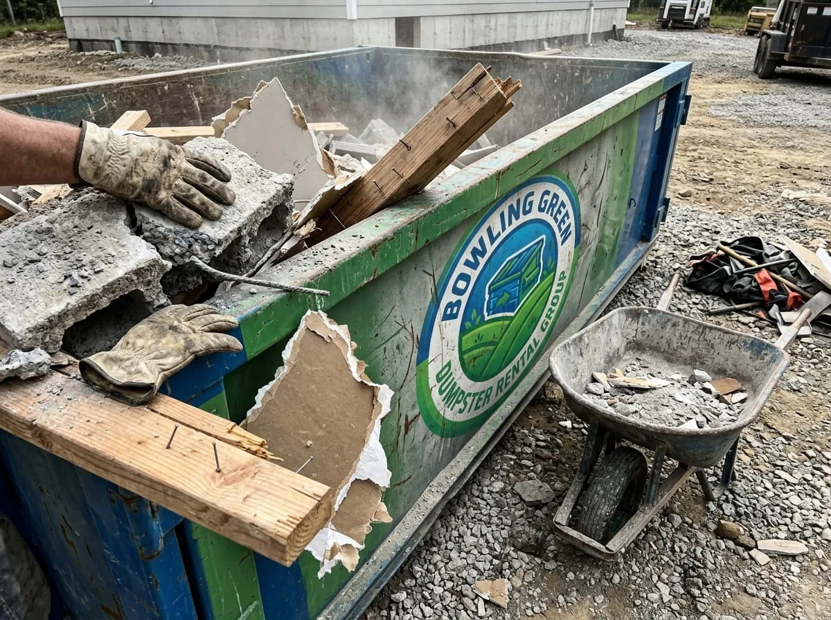 Roll-off dumpster with boards protecting an Bowling Green driveway